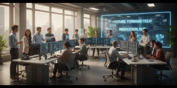 Diverse tech professionals collaborating in a modern office, symbolizing federal tech employment growth.