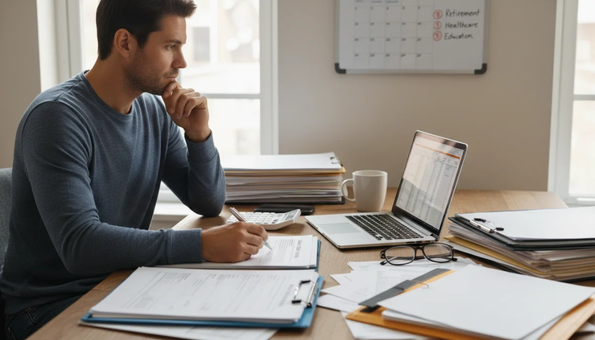 Person reviewing financial documents and laptop for benefits application.