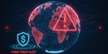 Global cybersecurity threat map with red alerts and data flow, symbolizing federal warnings for 2026.