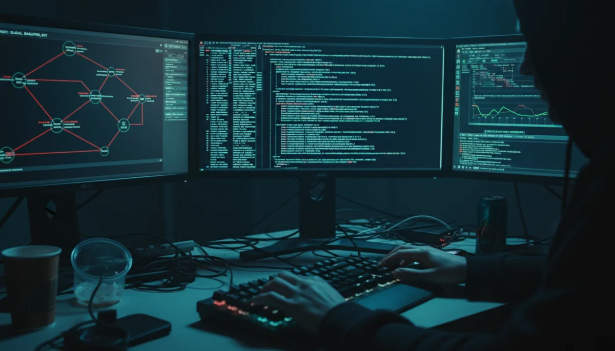 Hacker typing on a keyboard with multiple screens displaying complex code and network diagrams, representing advanced cyber threats.