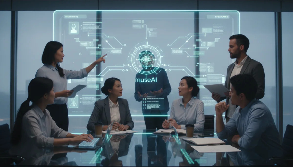 Screenwriters collaborating with AI assistant on digital plot development