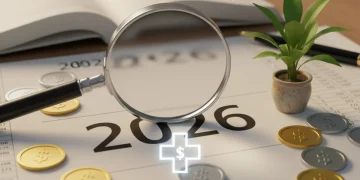 Calendar page for 2026 with magnifying glass, coins, and plant for SSI benefits planning.