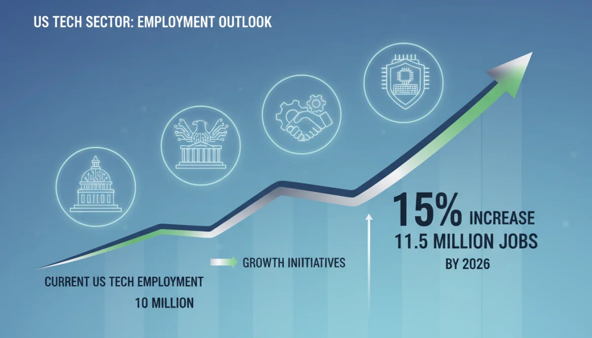 Infographic showing projected 15% growth in US tech employment by 2026, supported by federal programs.