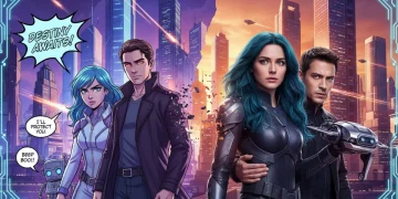 Stylized graphic showcasing transition from webtoon art to live-action drama, featuring diverse characters.