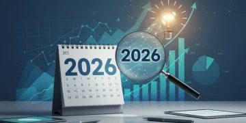 Calendar displaying 2026 with financial charts and magnifying glass, symbolizing future planning for Social Security.