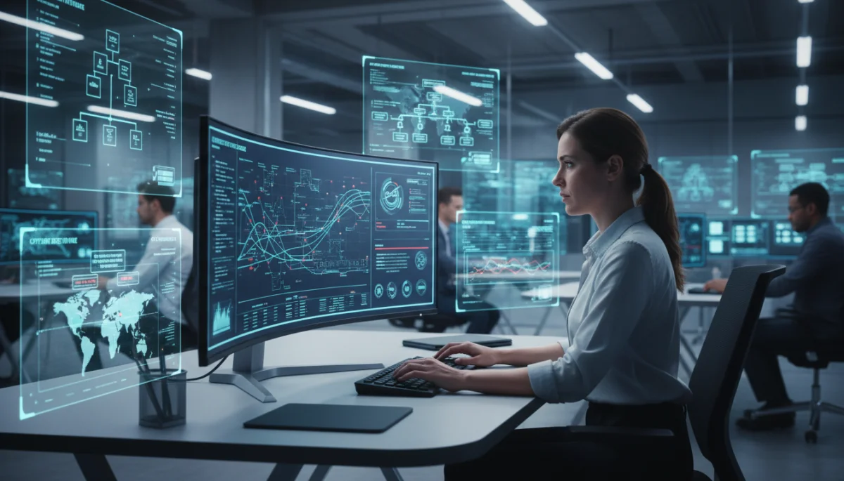 Cybersecurity expert analyzing data on multiple screens
