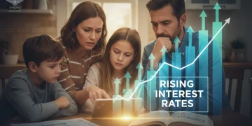 Financial charts showing rising interest rates with a family budgeting, representing Federal Reserve impact.