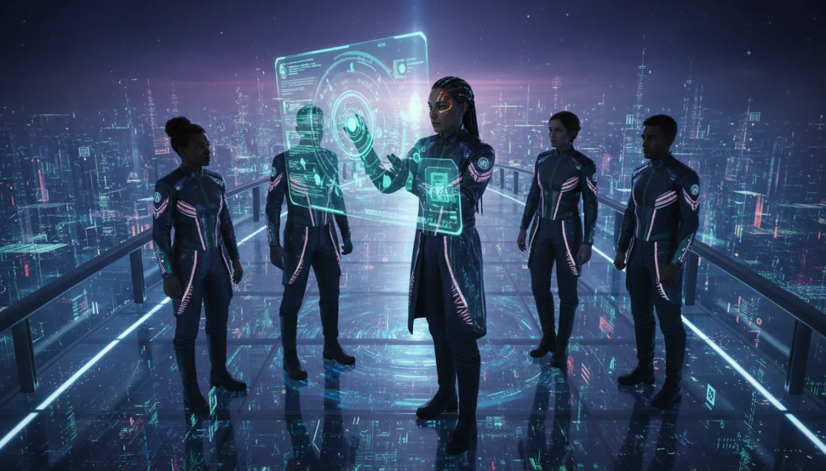 Diverse characters interacting with futuristic technology in a sci-fi series