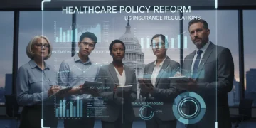Diverse group analyzing healthcare policy updates on a screen with US Capitol backdrop