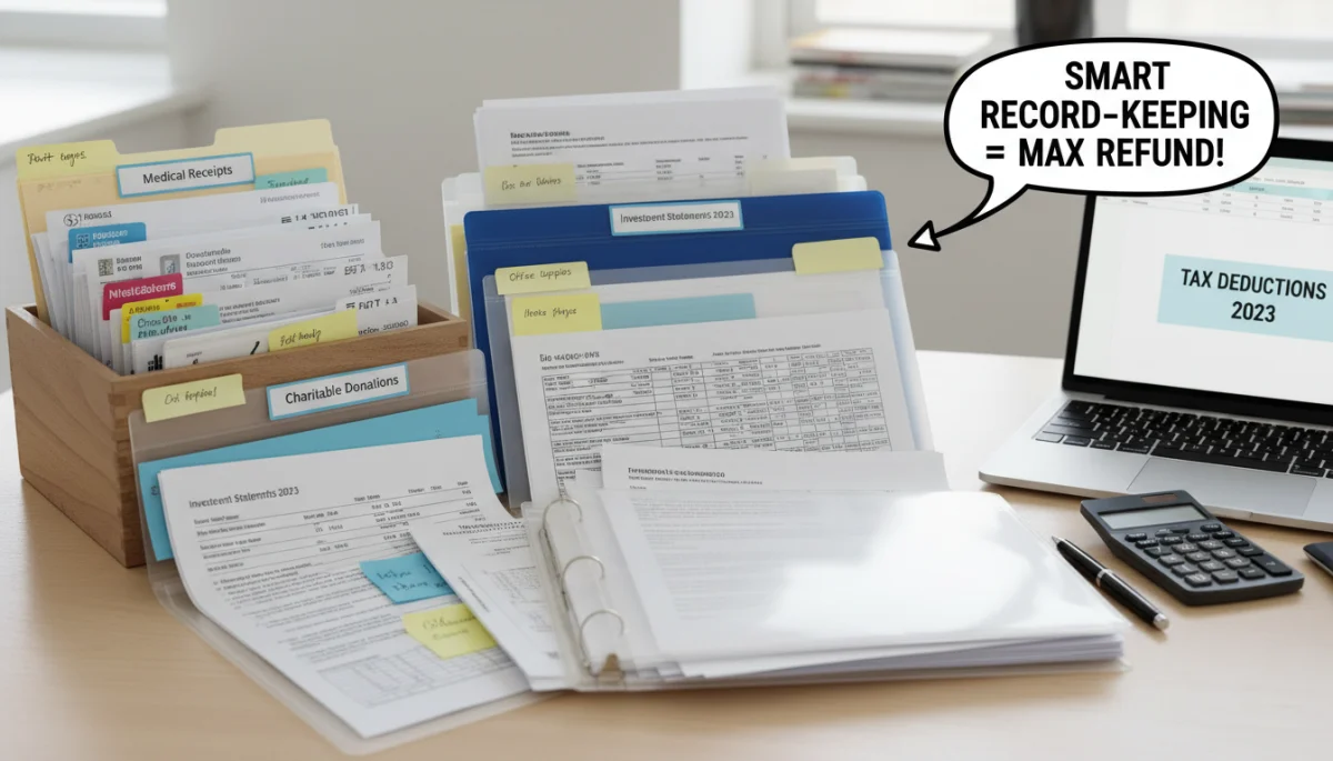 Organized financial documents for tax deduction purposes