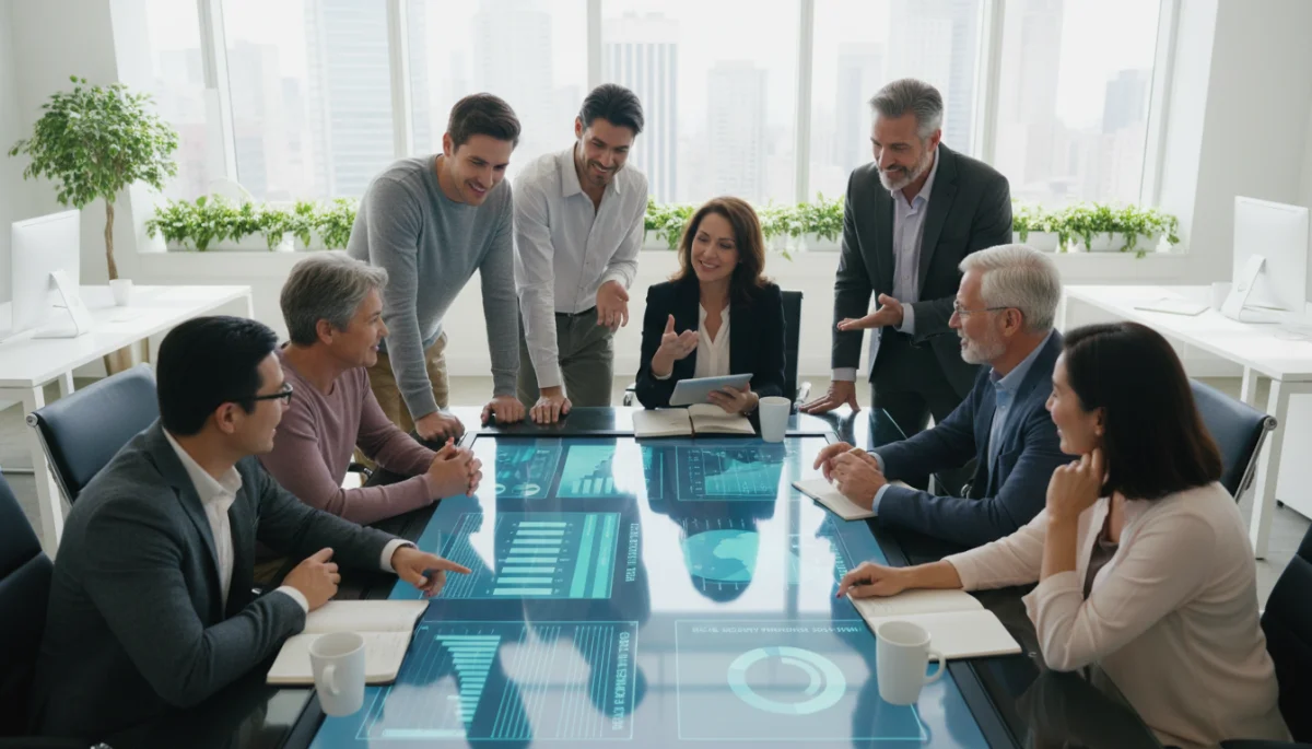 Diverse group of people analyzing Social Security projections on a digital screen, representing collaborative financial planning.