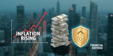 Charts illustrating rising inflation and a stack of US dollar bills with a protective shield.