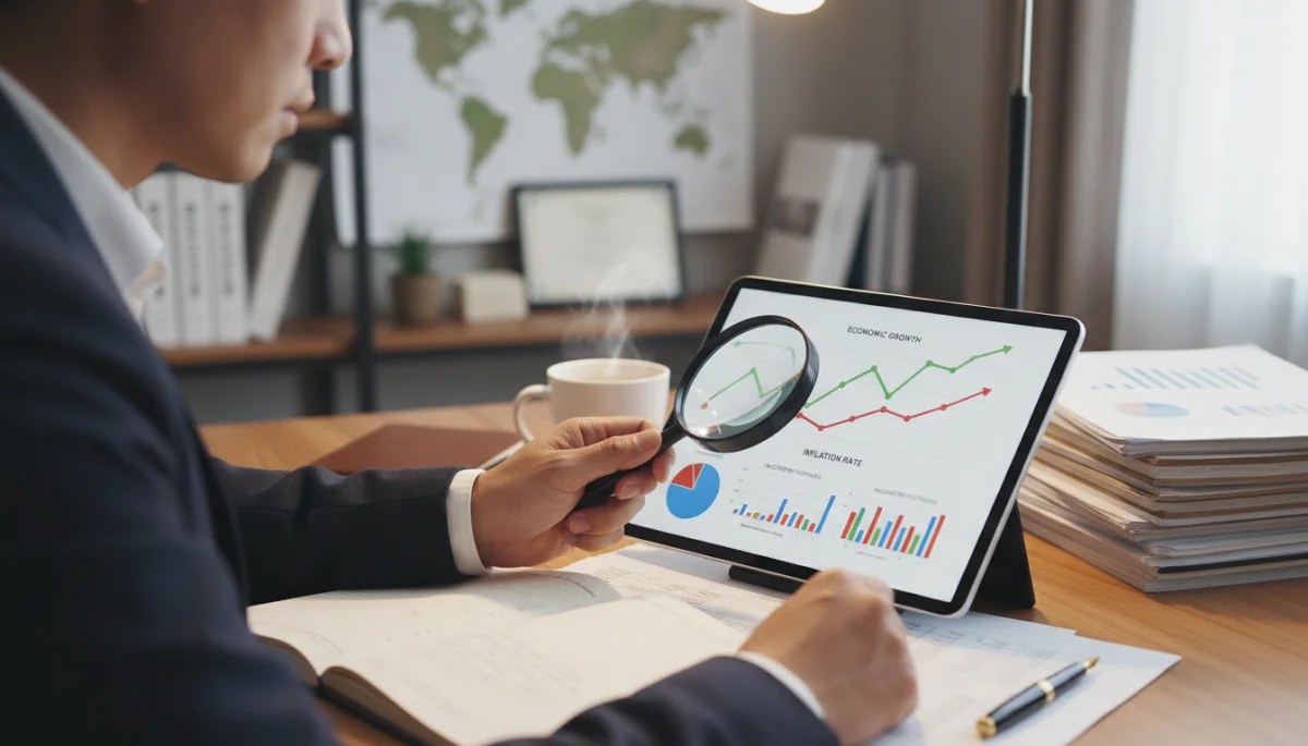 Person analyzing financial documents and investment portfolios with a magnifying glass.