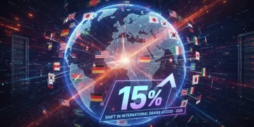 Global streaming content network with flags and a 15% shift graphic