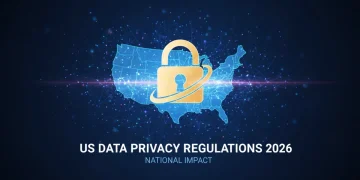 Digital padlock protecting data over a map of the United States, symbolizing new privacy laws in 2026.