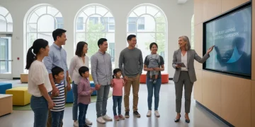 Parents and children discussing 2026 standardized test reforms with a teacher