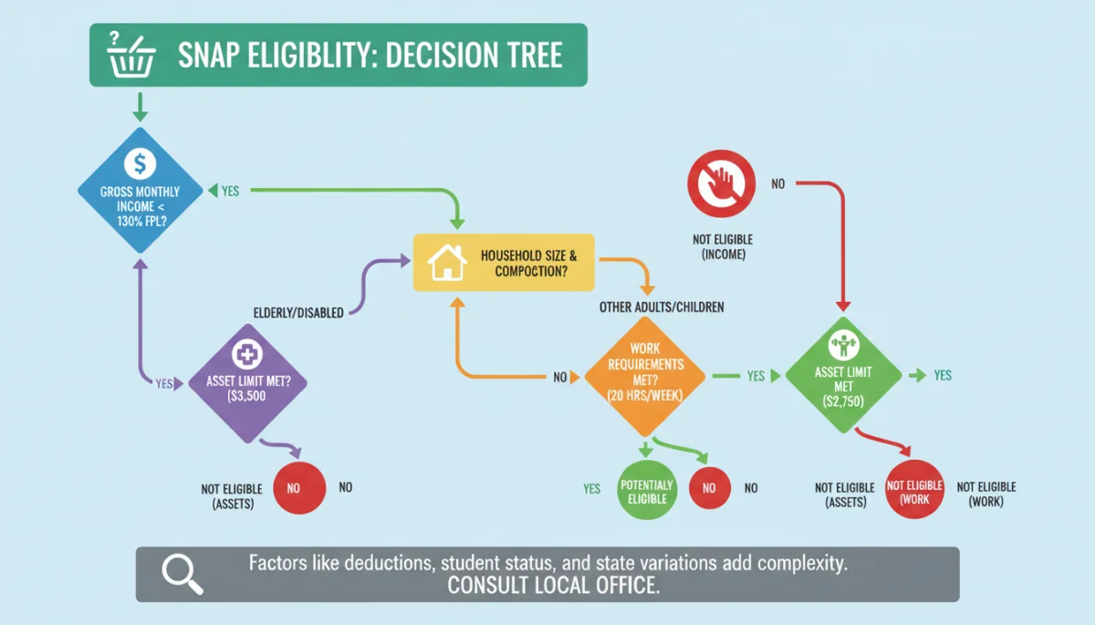 Detailed infographic explaining SNAP eligibility criteria and decision pathways