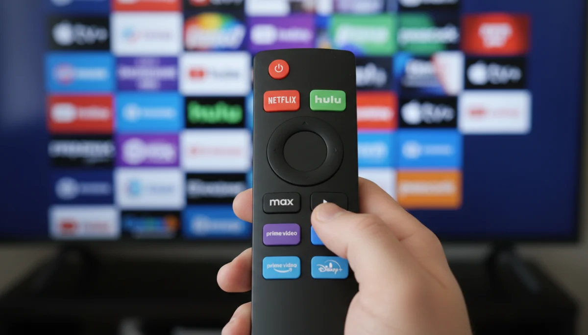 Hands holding a remote control with streaming service logos