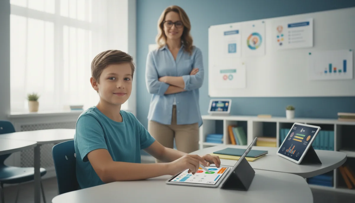 Student taking digital standardized test with teacher support